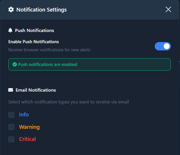 Telmetra Notification Settings showing push toggle and email severity checkboxes